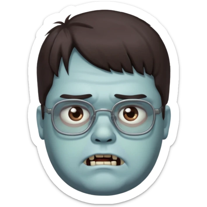 An emoji of a slightly chubby male zombie with dark brown hair and bangs down to his eyebrows, wearing square, bluish glasses. sticker