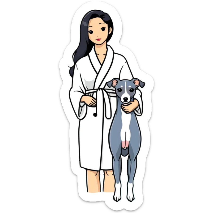 Very thin and slim Chinese woman with long black hair in elegant pool attire at a luxury spa pool with fancy amenities and her Italian greyhound that is COMPLETELY solid dark grey with ABSOLUTELY ZERO white markings anywhere - 100% uniform dark grey color only sticker