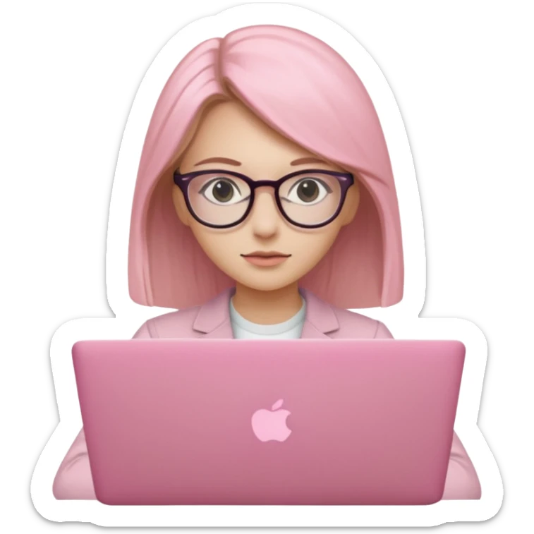 Chica lacia en una MacBook rosa investigando y haciendo tareas sticker