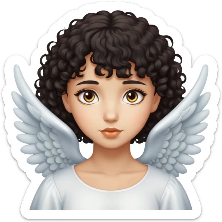 angel girl with dark curly hair and bangs and dark eyes, lightskin sticker