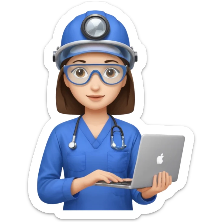 i need a brunette young woman in blue scrubs with brown eyes fair skin with safety goggles on and a laptop for research sticker
