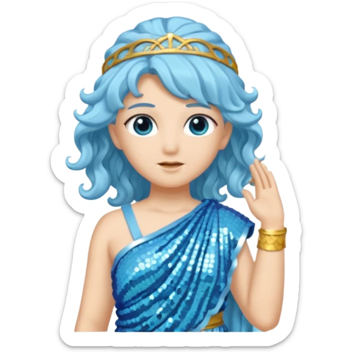 Athena from Roman Deities with long light blue wavy hair, light blue sequin toga sticker