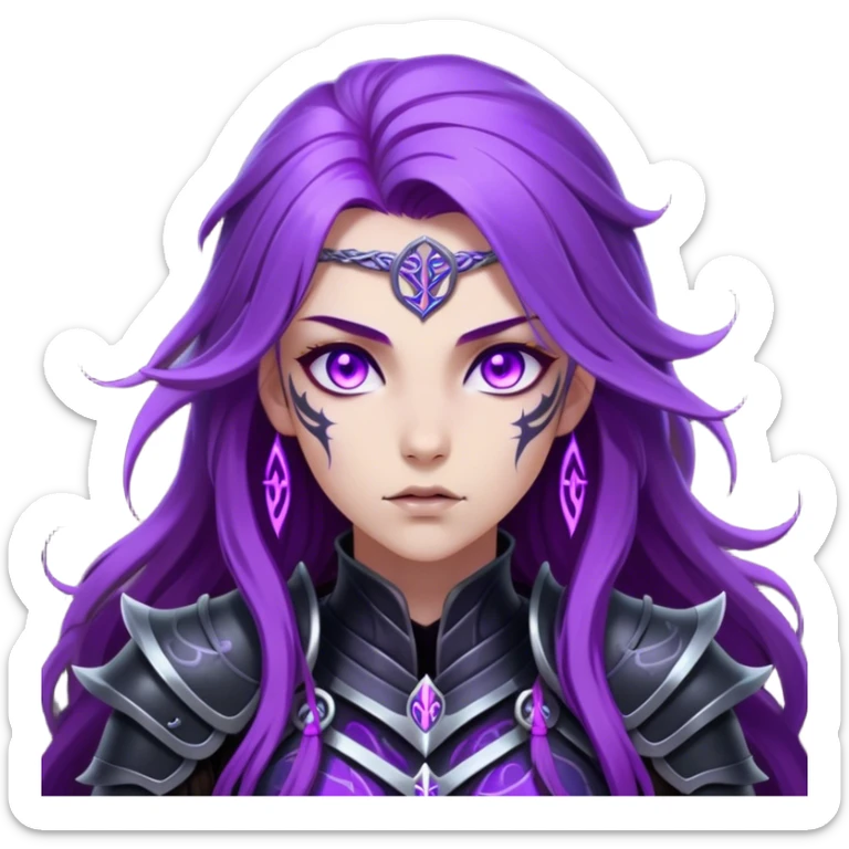 A mysterious warrior girl with long, flowing purple hair catching the dim light. Her glowing violet eyes stare forward, unwavering. She wears sleek black armor, adorned with silver runes that pulse faintly with hidden power. A dark mist swirls at her feet, hinting at the energy she commands. sticker