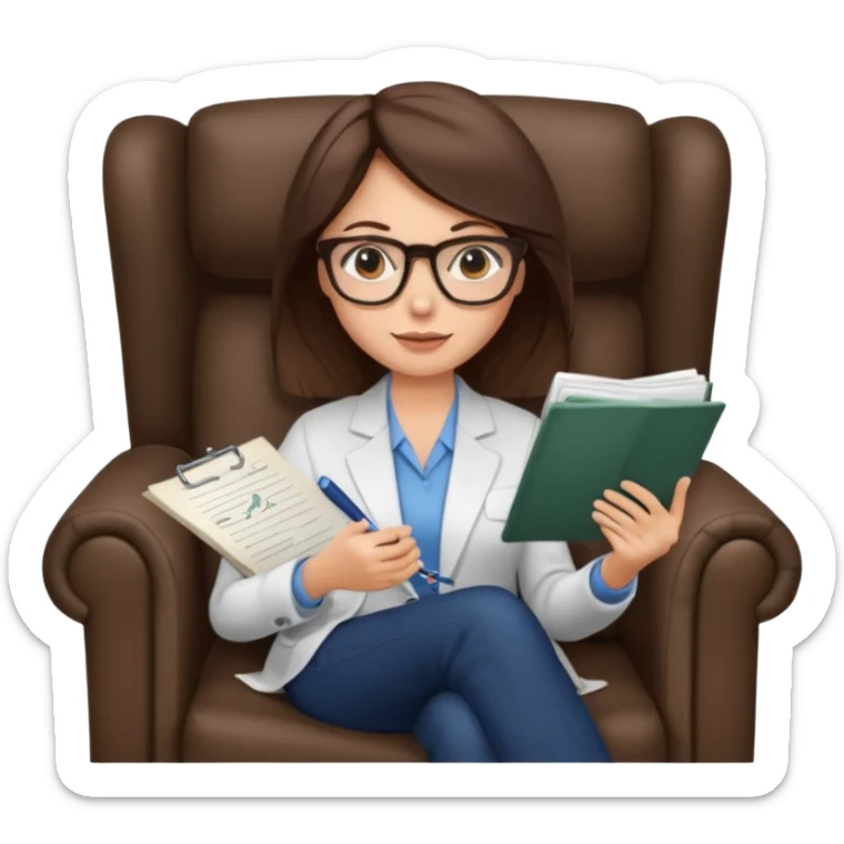 female therapist, brunette, brown eyes, light skin, sitting in an armchair with notes, wearing glasses sticker