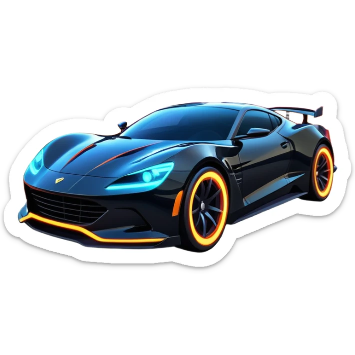 An icon showing a sleek car speeding through a neon-lit cityscape, inspired by Need for Speed. The design features dynamic motion lines, glowing tires, and a vibrant city backdrop with skyscrapers and lights. The rush of high-speed racing is highlighted. Transparent background. sticker