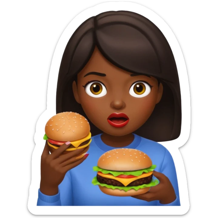 a girl with dark hair eating a burger, apple memoji style, surprised expression sticker