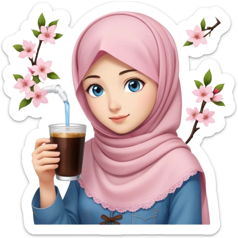 Turkish beautiful finish Konya girl blue eyes with light pink denim hijab islamic dress and had on her hand sakura blossoms in cold brew coffee  sticker