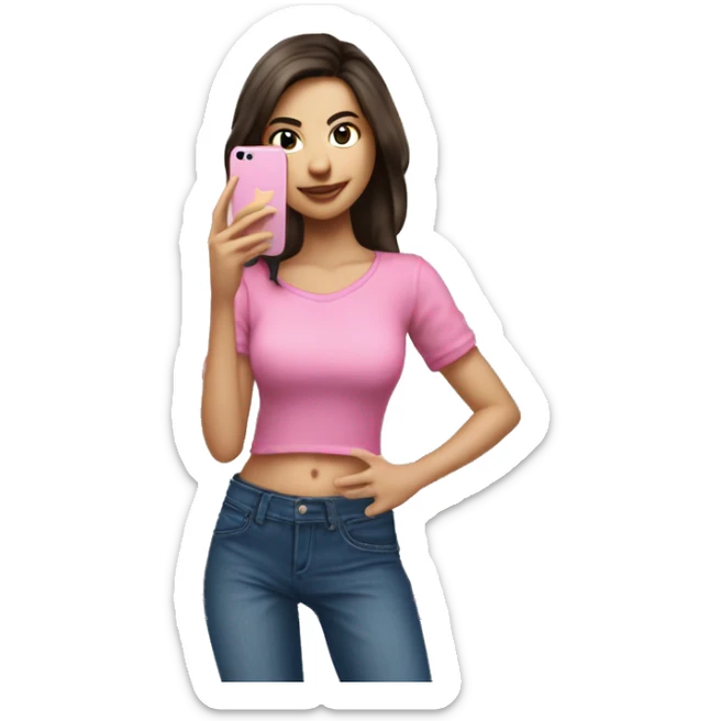 Brunet woman  in pink shirt and blue jeans take a photo in mirror by iPhone 16 sticker