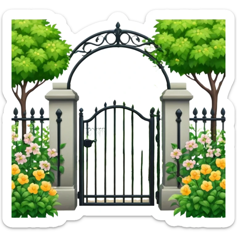 garden entrance with black iron fence, green trees and flowering plants sticker