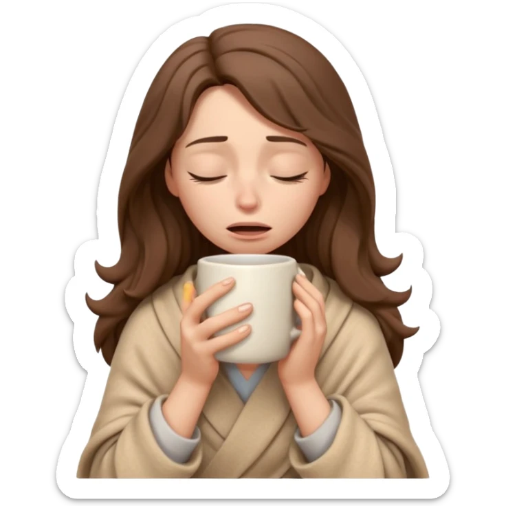 emoji-style illustration of a crying relaxed woman with long wavy brown hair, wrapped in a cozy beige blanket, holding a mug cup, eyes closed, sad and a bit anxious expression, soft 3D cartoon rendering, warm and comforting mood, plain background
 sticker