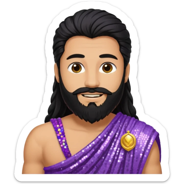 Jupiter from Roman Deities with long black hair and beard, lilac sequin toga sticker