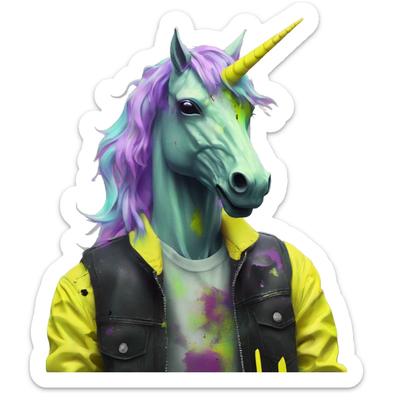 .Zombie_ Vaporwave black holographic oilslick zombie unicorn smoking yellow caution tape  sticker