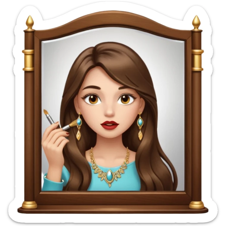 Girl with long brown hair, gold jewelry, and lashes, putting on lipgloss while looking in a mirror  sticker