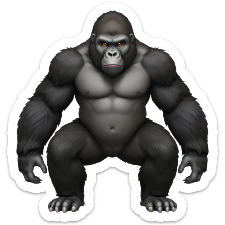 cinematic-friendly gorilla-realistic-full-body-crouched on all fours-emoji,-broad-and-powerful-frame-poised-with-confidence,-massive-arms-hanging-slightly-forward,-head-tilted-thoughtfully,-thick-black-fur,-deep-dark-eyes-full-of-intelligence,-simplified-yet-realistic sticker