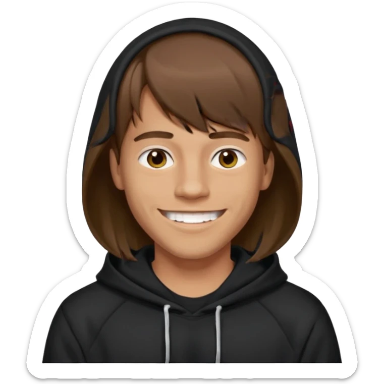 20 yr old man, brown hair, straight, big smile, white teeth, tanned skin, bangs, black hooded sweatshirt, long hair in back, middle parted bangs sticker