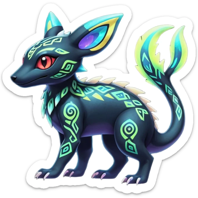 Colorful Neon Exotic Salandit-Aurorus-Umbreon-Fakémon-hybrid-creature (full body) with iridescent tribal markings sticker