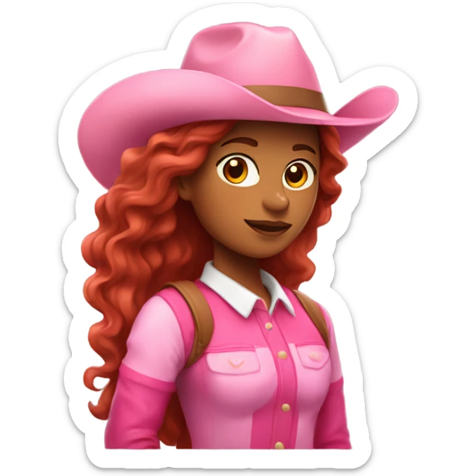 Latina girl with long red wavy hair and pink hat and pink boots riding a horse sticker