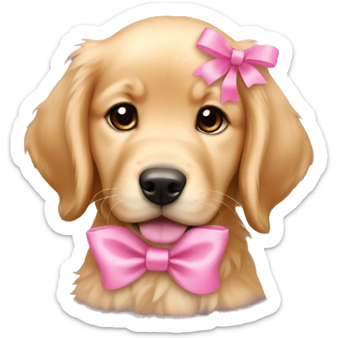 female golden retriever puppy with pink bows above her ears sticker