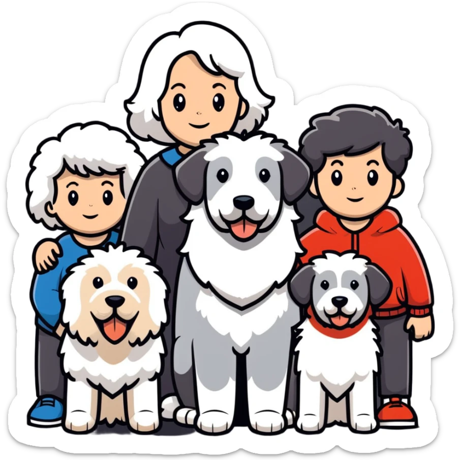 A family with mom, dad, three sons, and an Old English Sheepdog sticker