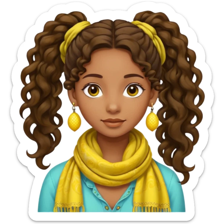 brown-skinned girl, bohemian, long curly brown hair in a ponytail, lemon yellow scarf, round earrings sticker