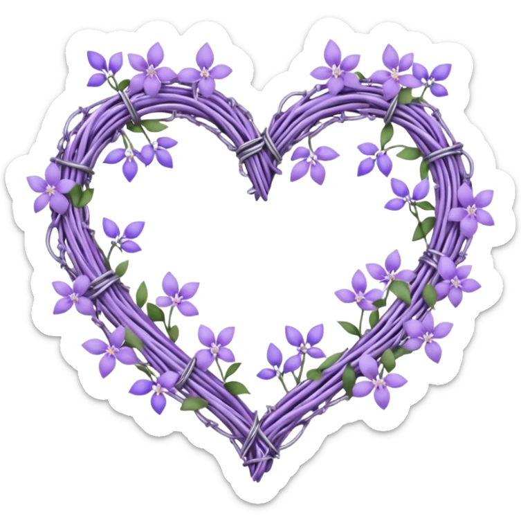 Pastel purple heart shape made out of barb wire vines with lavenders and lilacs adorning the border with crystals hanging  sticker