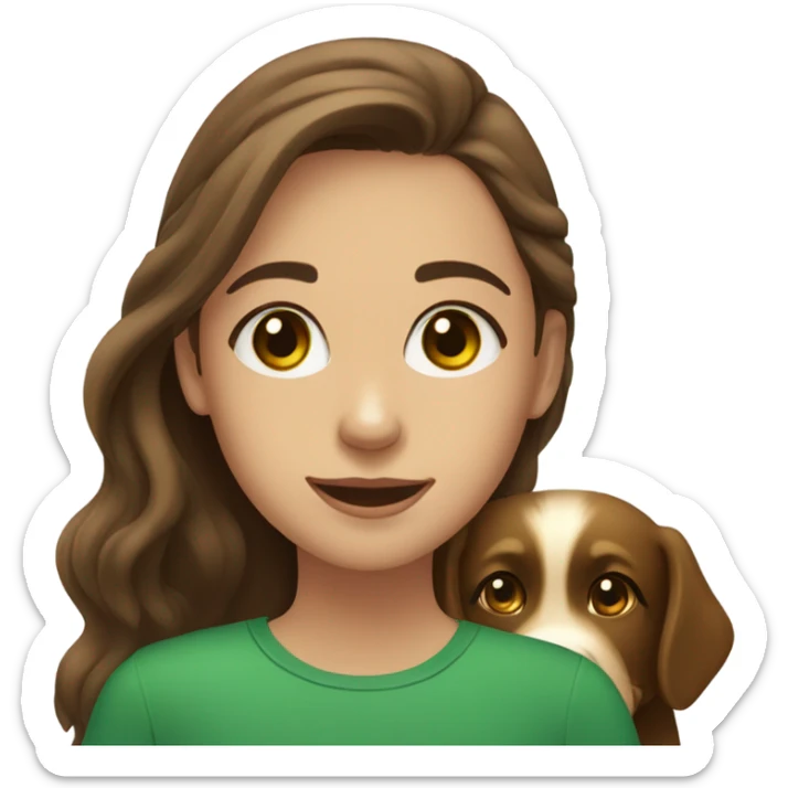 Girl with brown hair and green brown eyes next to a black golden retriever sticker