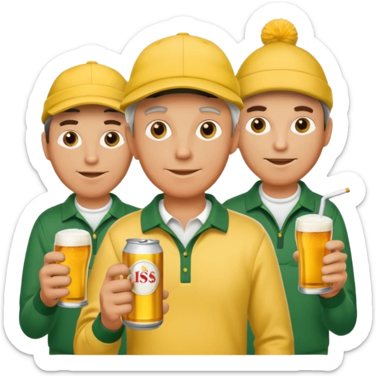 16 men on a golf trip wearing yellow golf caps all holding a beer can with a Xmas style label sticker