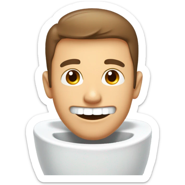 man's head and neck looking out of toilet bowl smiling, brown short hair, toothy smile, stubble, coming out of toilet bowl sticker