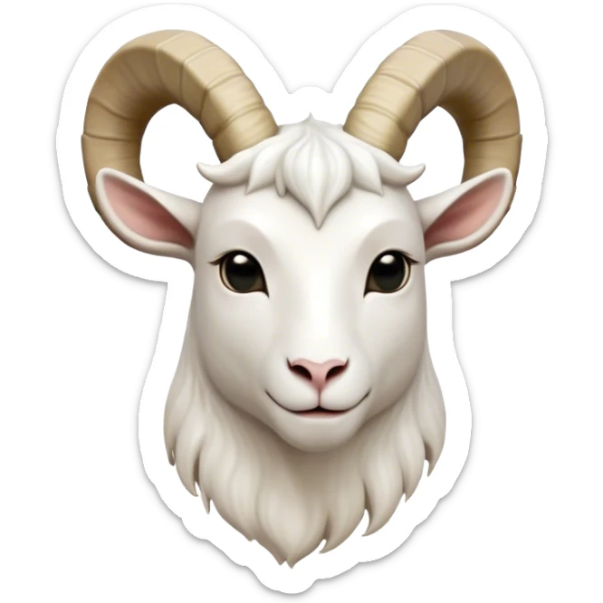 Cinematic Noble White Goat Portrait Emoji, Poised and regal, with a sturdy, agile build and a pristine, smooth white fur accented by gracefully curved horns, deep-set soulful dark eyes, Simplified yet sharp and sophisticated features, highly detailed, glowing with a soft, dignified glow, high shine, intelligent and spirited, stylized with an air of pastoral elegance, focused and attentive, soft glowing outline, capturing the essence of a watchful and confident goat, so majestic it feels as though it could leap out of the screen with effortless authority! sticker