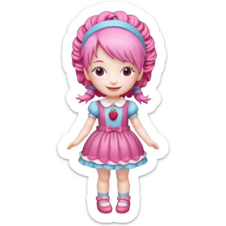 Isolated detaile illustration of the most modern raspberry torte doll figurine full body with pink hair and a hairband sticker