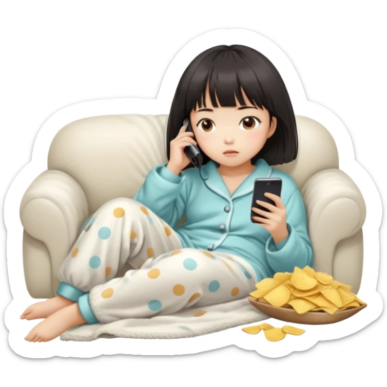 Cute East Asian girl, soft fair skin, straight bangs, messy inward bob. Wearing fluffy pajamas, lying on couch under blanket, holding chips and phone, expression blank and tired. sticker