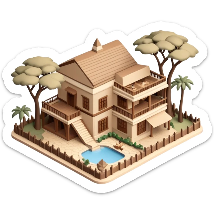 Isometric exterior brown and beige Walt Disney World Animal Kingdom safari resort, dollhouse style 3D realistic  sticker