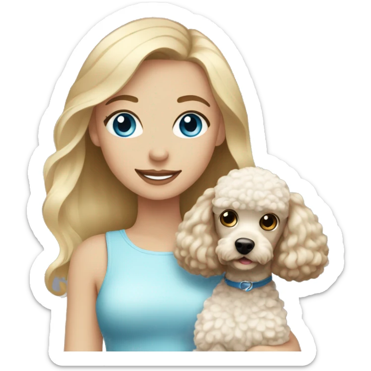Blonde girl with blue eyes holding poodle with brown and white hair sticker