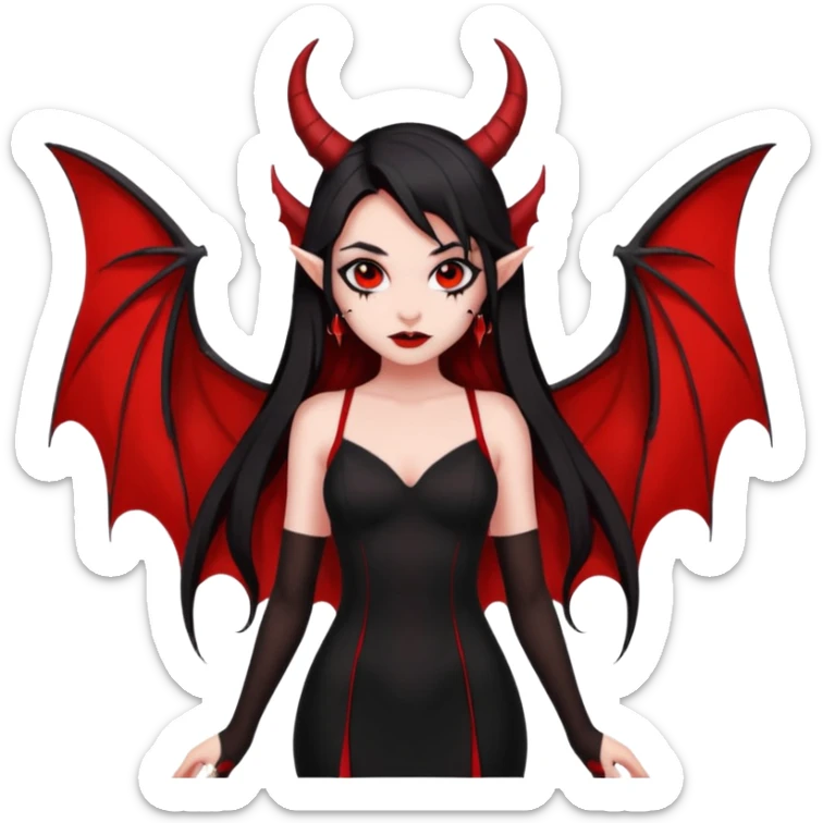 demon girl, skin red , black long hair, small horns, bat wing, black open-back dress, bold black outlines, red+black palette sticker