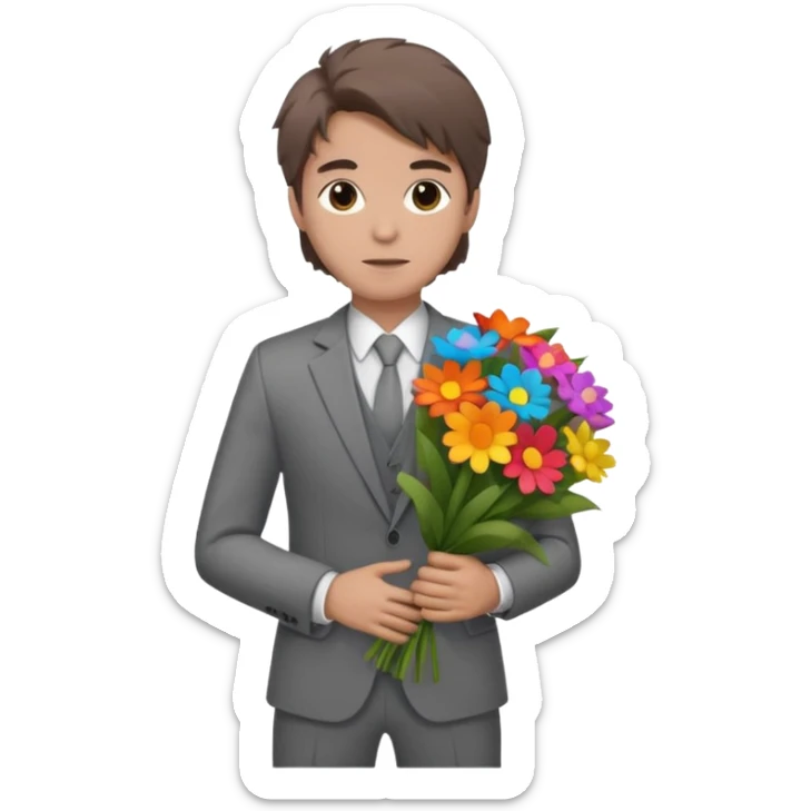 Chico blanco, traje gris , pelo castaño revuelto,cuerpo entero ramo de flores sticker