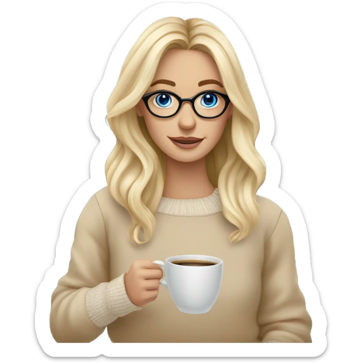 Blonde balayage long hair white women beige sweater blue eyes and small glasses holding coffee sticker