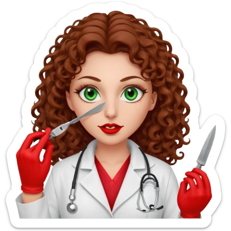Lilith scalpel sexy evil woman. She has green eyes.  had brown long curly hair.  evil surgeon kills holding scalpel.  wears sexy doctor coat with red gloves. Covers nose, neck  and mouth with Muslim red berka sticker