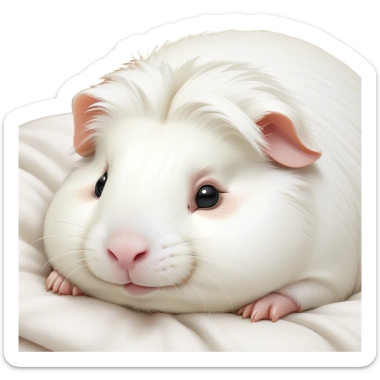 Meme-Worthy Cute Sleeping White Guinea Pig Portrait Emoji, Head resting peacefully with a contented smile, showcasing a delightfully chubby build and a luxuriously soft pure white fur, eyes shut in a serene, cozy nap, Simplified yet hilariously adorable features, highly detailed, glowing with a soft, drowsy light, high shine, relaxed and utterly lovable, stylized with an air of playful laziness, bright and heartwarming, soft glowing outline, capturing the essence of a comically sleepy guinea pig, so meme-worthy it feels like it could instantly become the next viral sensation of adorable slumber! sticker