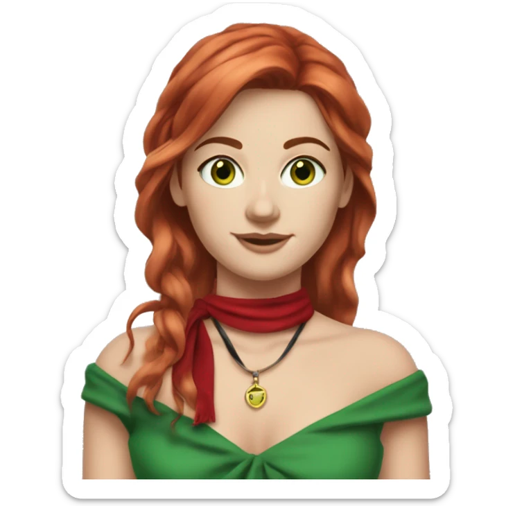 White caucasian woman in her 20s with long red layered hair and bangs green eyes freckles wearing a red dress, skinny scarf around the neck and holding a little black purse on her shoulder sticker