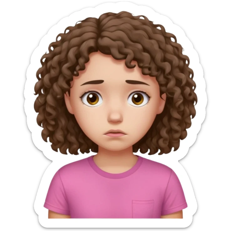 Young girl with unkempt curly hair and a pink T-shirt, looking sad and discouraged sticker