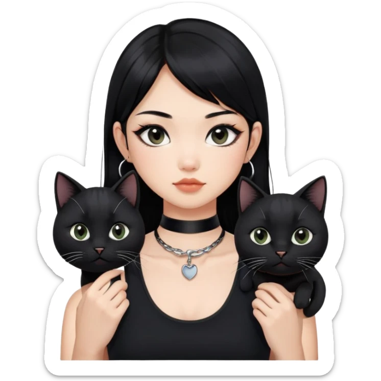 Asian girl, black hair.  Holding two BLACK cats with one cat has a round fat face. Both pure black.  The girl also wearing a black singlet, a black chocker, silver round hook earring, and wearing eyeliner.  sticker
