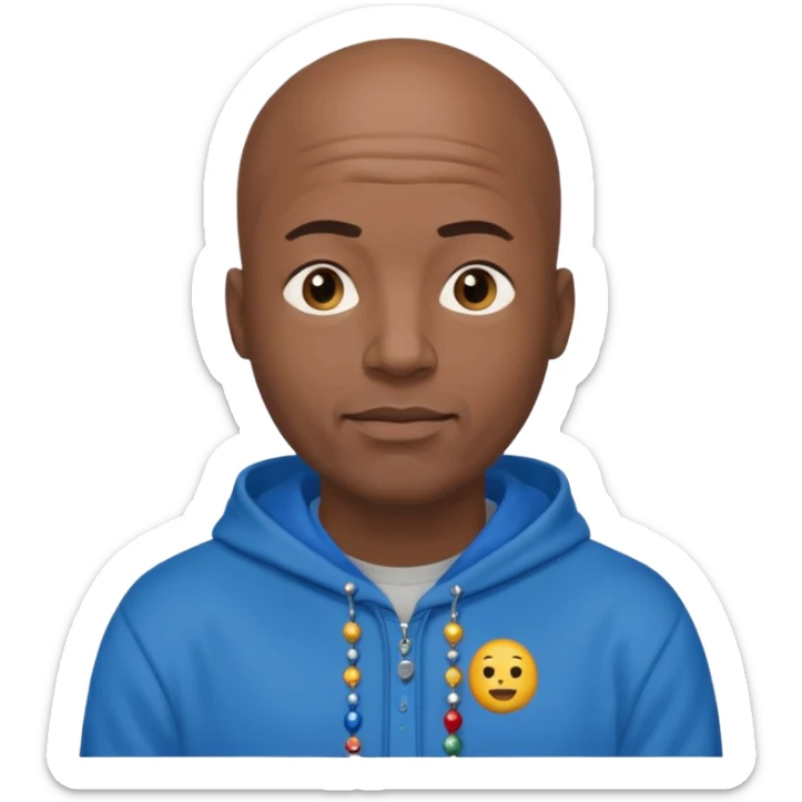 Bald black guy 40 years old with blue hoodie and and bead emoji sticker
