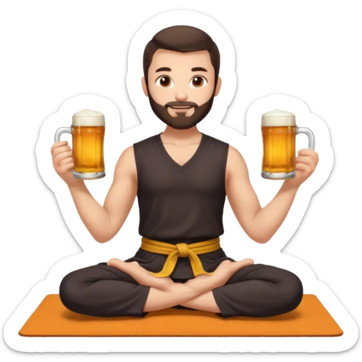 slavic guy with dark brown hair and beard, sitting in yoga pose on a mat, kung fu clothes, short dark hair, holding beer mugs in two hands, sitting sticker