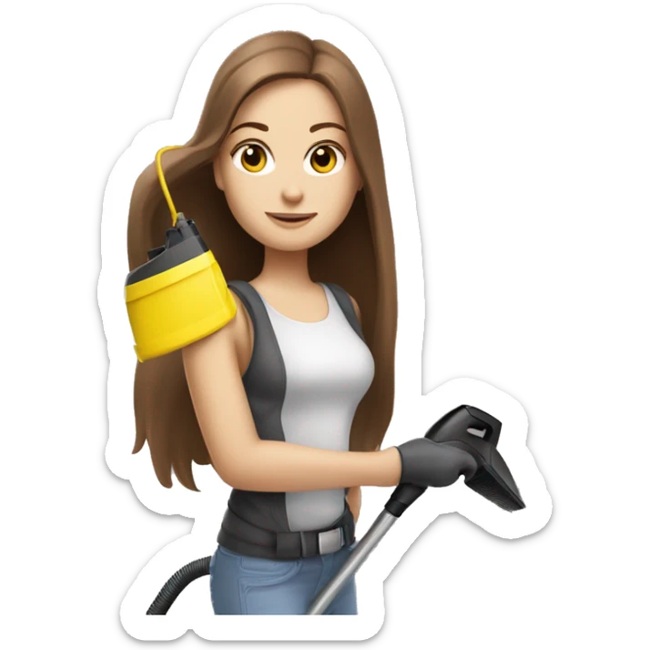  white girl with long brown hair with a karcher vacuum cleaner in  hands sticker