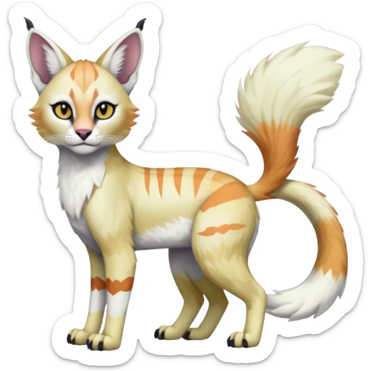 Colorful tropical tribal pale light fruity pastel white glorious iridescent divine exotic cute albino neon vibrant zigzagged cool beautiful fantasy-caracal-civet-genet-sergal-vernid-Gryphon-Cacomistle-Trico-oncilla-animal-Fakémon-hybrid-fursona (full body), facial markings,  sticker