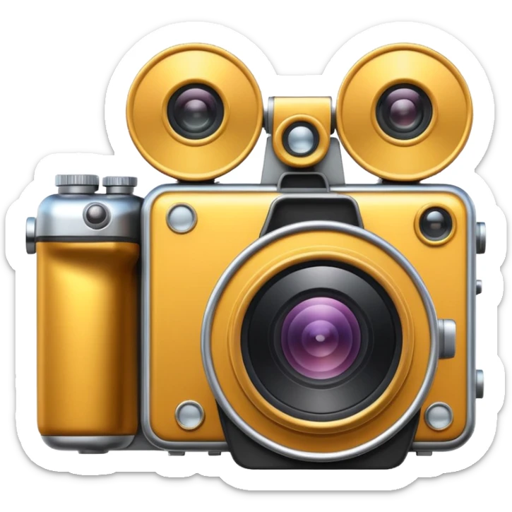 Minimal emoji icon of a huge cinematic metalic camera, front view, simple shapes, realistic lens,  sticker