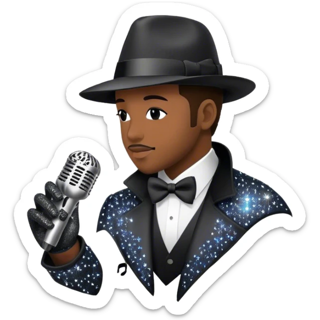 Icon for R&B Music: collage of famous R&B artists, represented by silhouettes or symbols like a fedora, microphone, sparkly glove, and music notes. The image should convey the energy and soul of R&B music. Transparent background. sticker