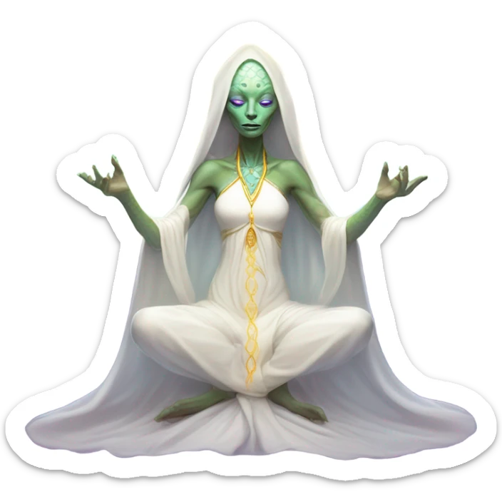 a Reptilian alien woman, white dress like a priestess, in meditation show aura sticker