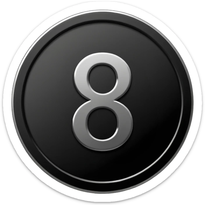 Emoji icon of a black coin with engraved number 8, minimalist style, isolated sticker