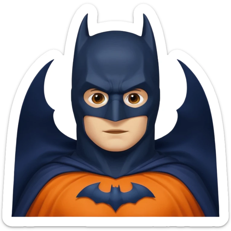 generate a batman emoji with just the face and neck showing and part of the cloak and and wings. Shade the mask in dark navy blue.  Shade the cloak in a solid vibrant orange. Shade the bat logo in a bright medium olive green. sticker